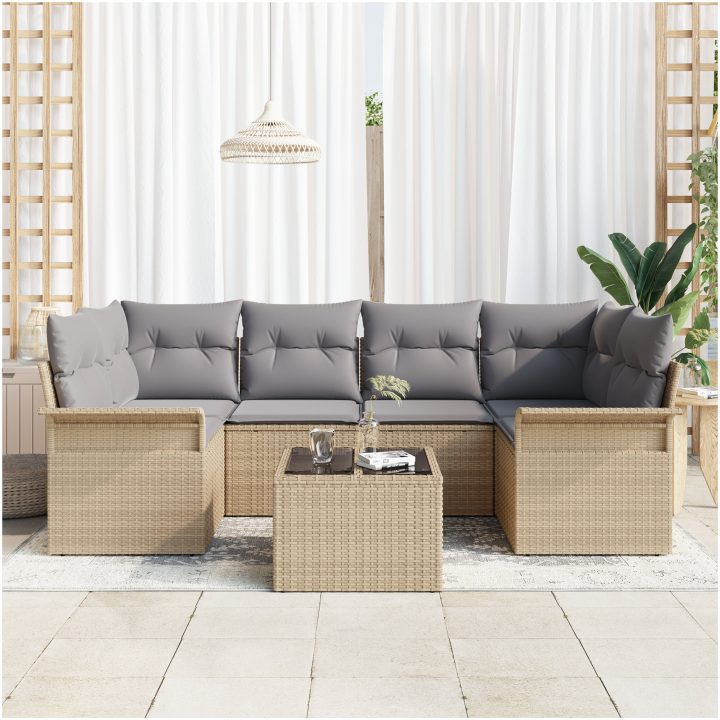 7-delad Trädgårdsoffagrupp med Kuddar Beige Poly Rattan vidaXL 55 x 55 x 37 cm – bild 3