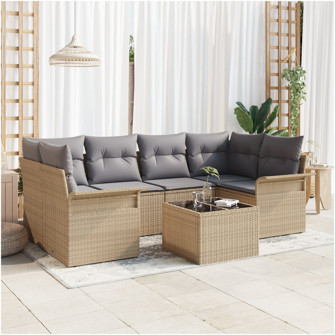 7-delad Trädgårdsoffagrupp med Kuddar Beige Poly Rattan vidaXL 55 x 55 x 37 cm