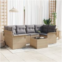 7-delad Trädgårdsoffagrupp med Kuddar Beige Poly Rattan vidaXL