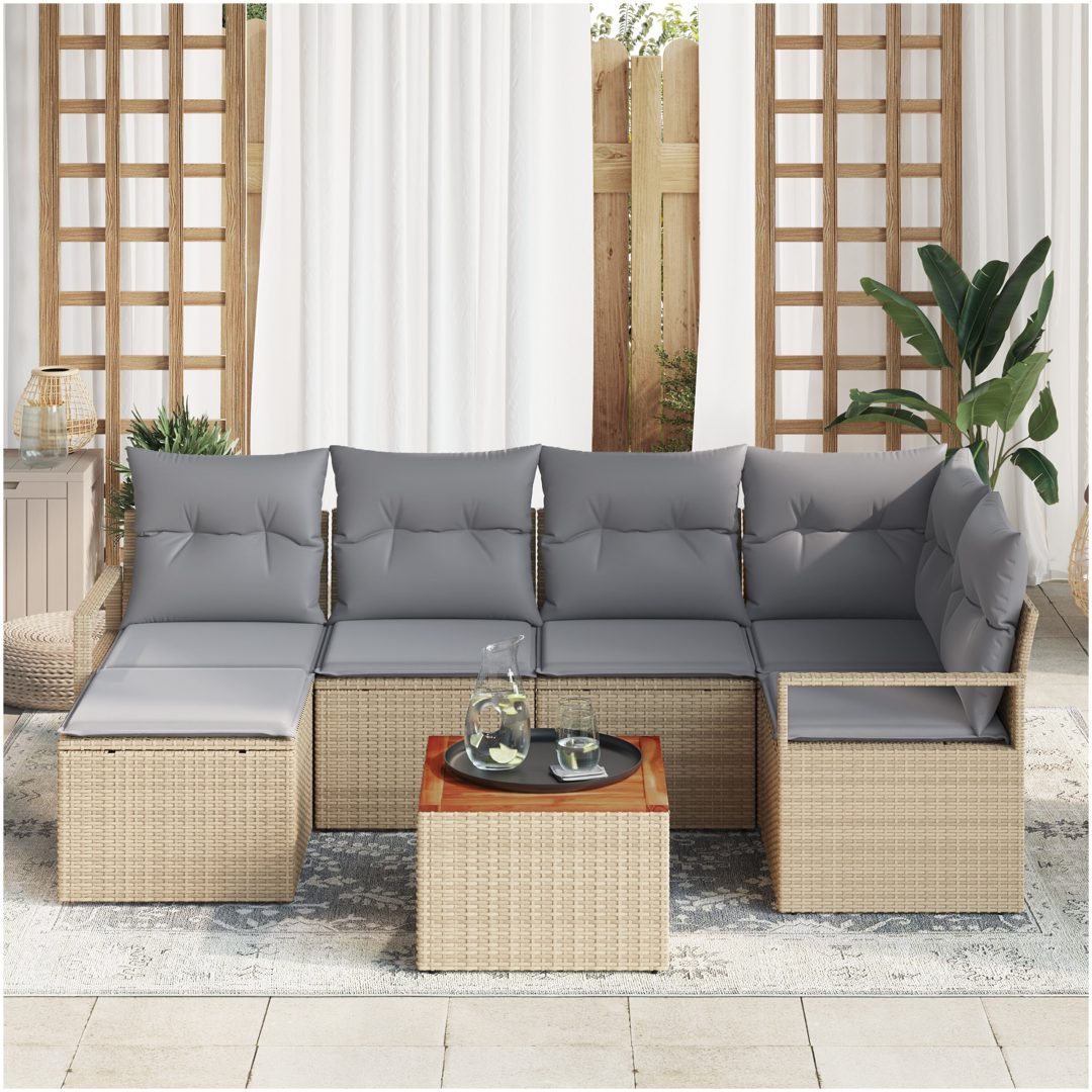 7-delad trädgårdsoffagrupp med kuddar beige poly rotting akacia vidaXL Medium – bild 3