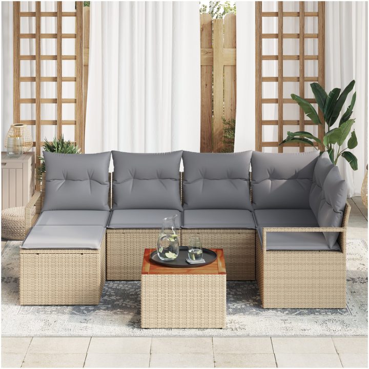 7-delad trädgårdsoffagrupp med kuddar beige poly rotting akacia vidaXL Medium – bild 3