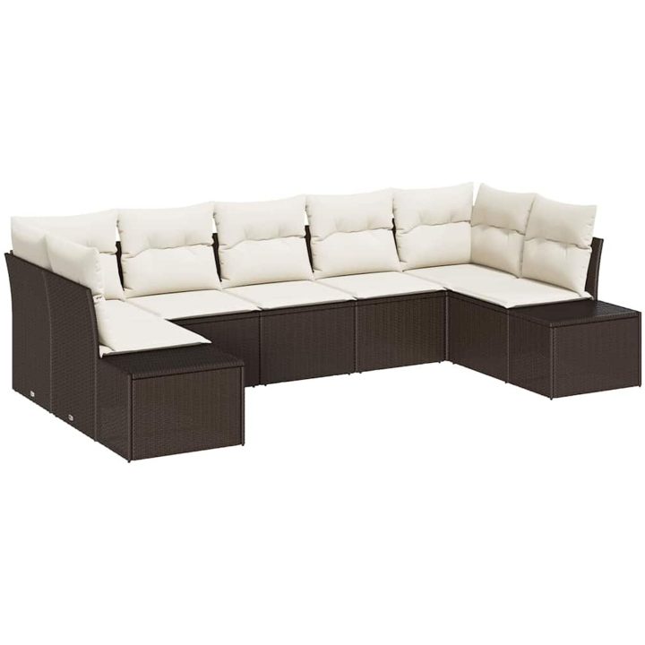 7-delad trädgårdsoffagrupp med kuddar Brun Poly Rattan vidaXL 289 x 154 x 69 cm – bild 2