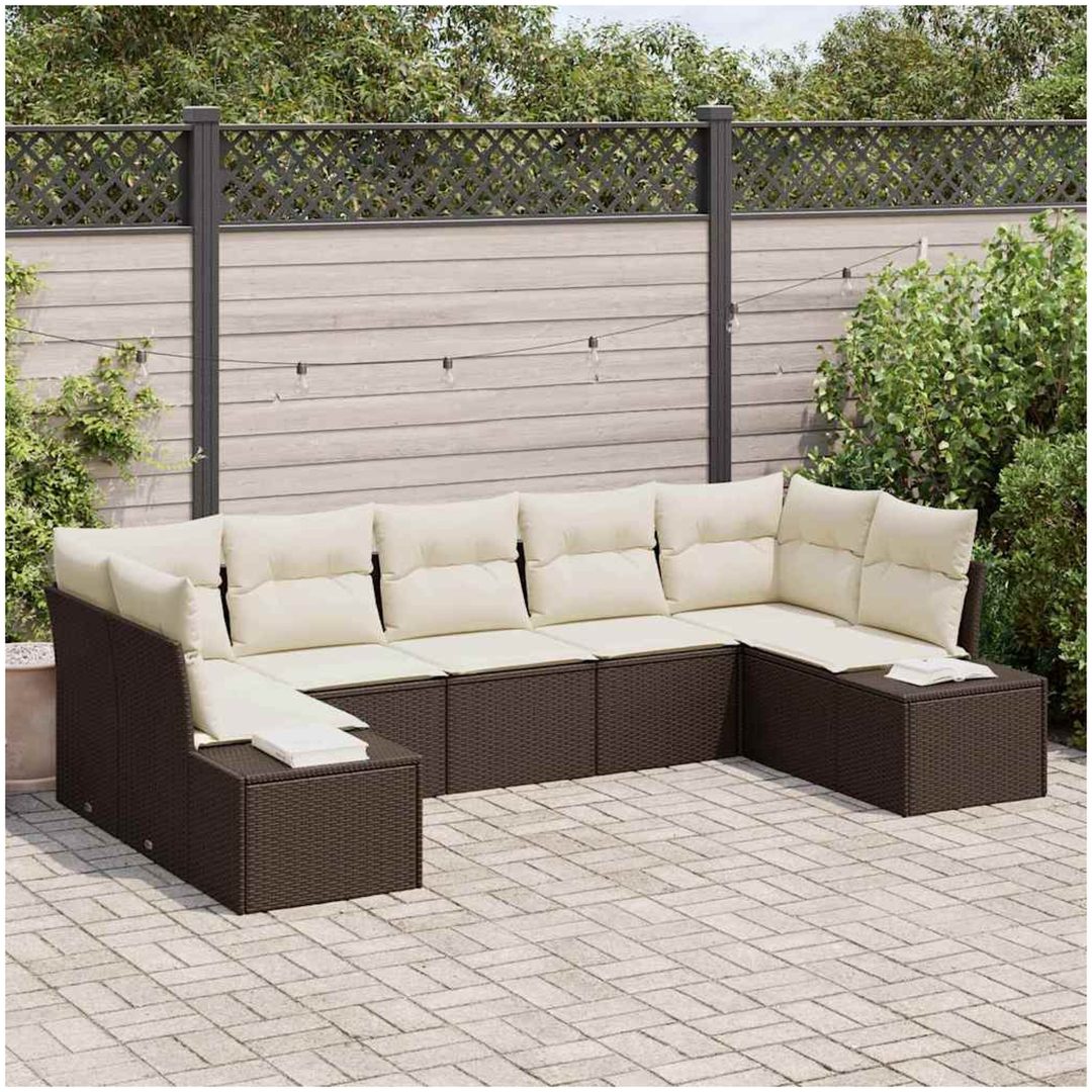 7-delad trädgårdsoffagrupp med kuddar Brun Poly Rattan vidaXL 289 x 154 x 69 cm