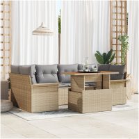 7-delad trädgårdsoffagrupp med kuddar i beige poly rattan och akacia vidaXL