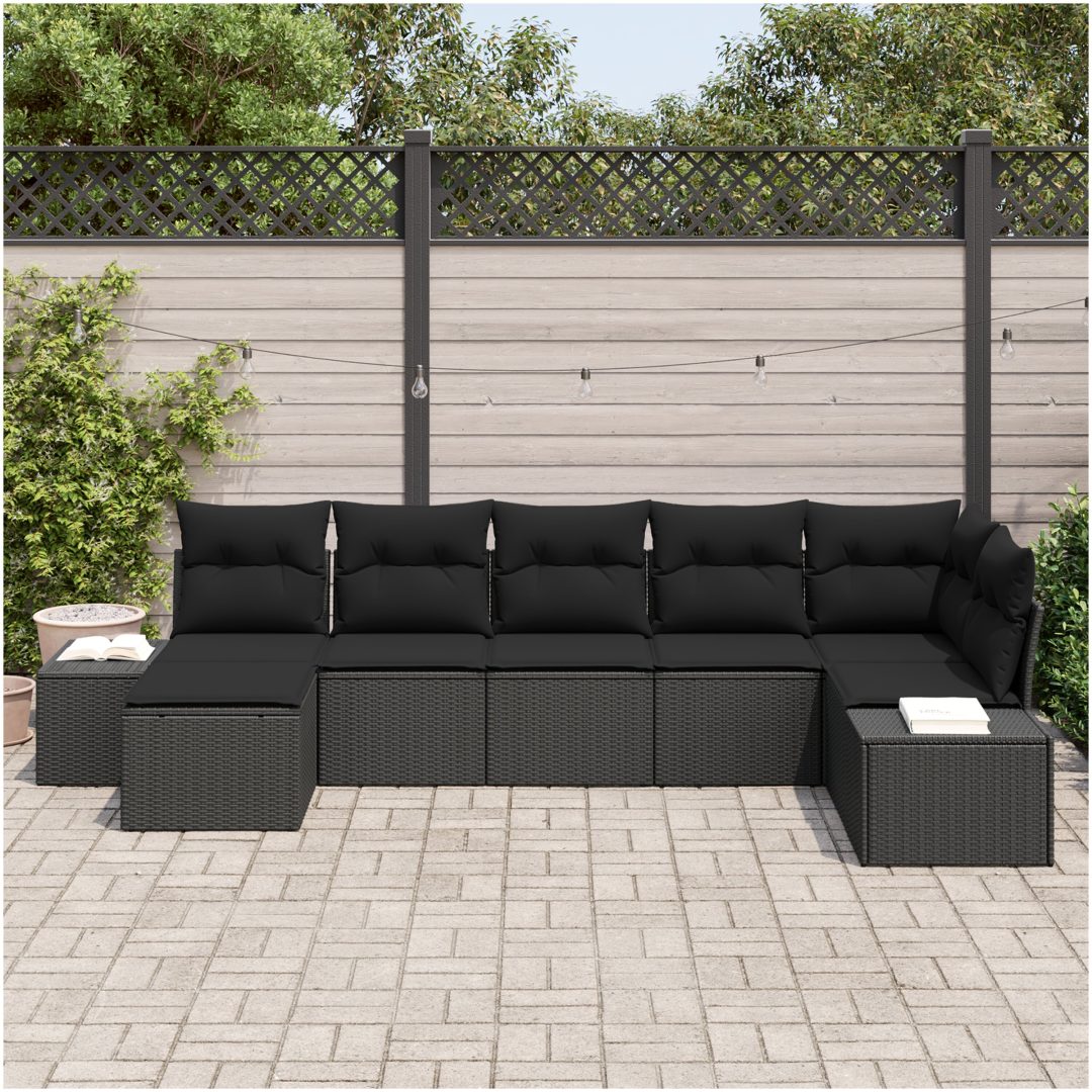 7-delad trädgårdsoffagrupp med kuddar i svart poly rattan vidaXL 319 x 154 x 85 cm – bild 3