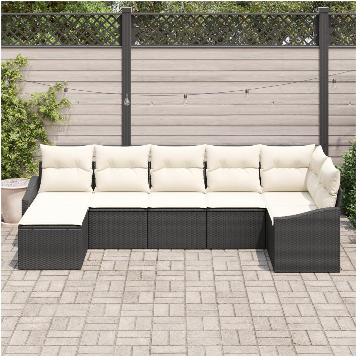 7-delad trädgårdsoffagrupp med kuddar i svart polyrotting vidaXL 288.5 x 123.5 x 85 cm – bild 3