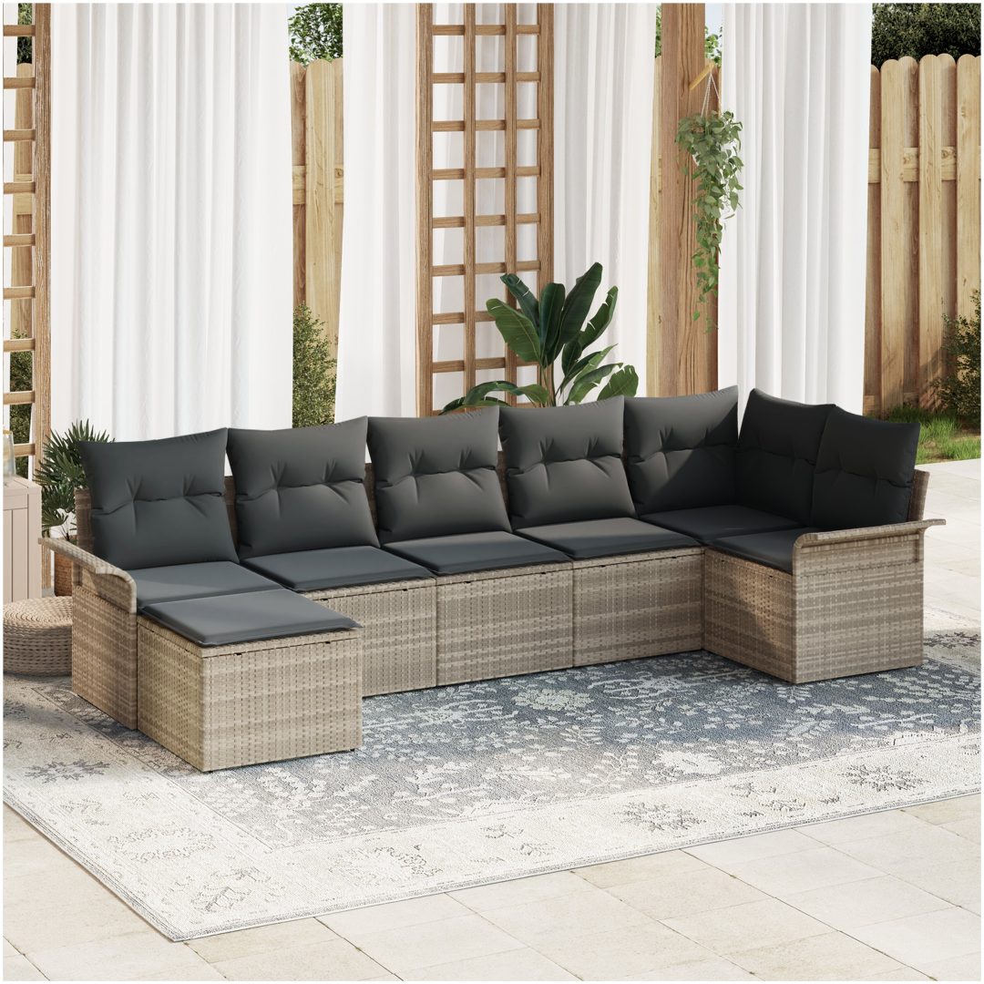 7-delad trädgårdsoffagrupp med kuddar Ljusgrå Poly Rattan vidaXL 297,5 x 132,5 x 85 cm