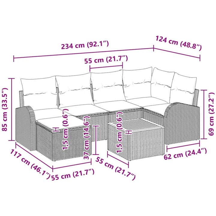 7-delad Trädgårdsoffagrupp med kuddar Svart Poly Konstrotting Akacia vidaXL 55 x 55 x 37 cm – bild 10