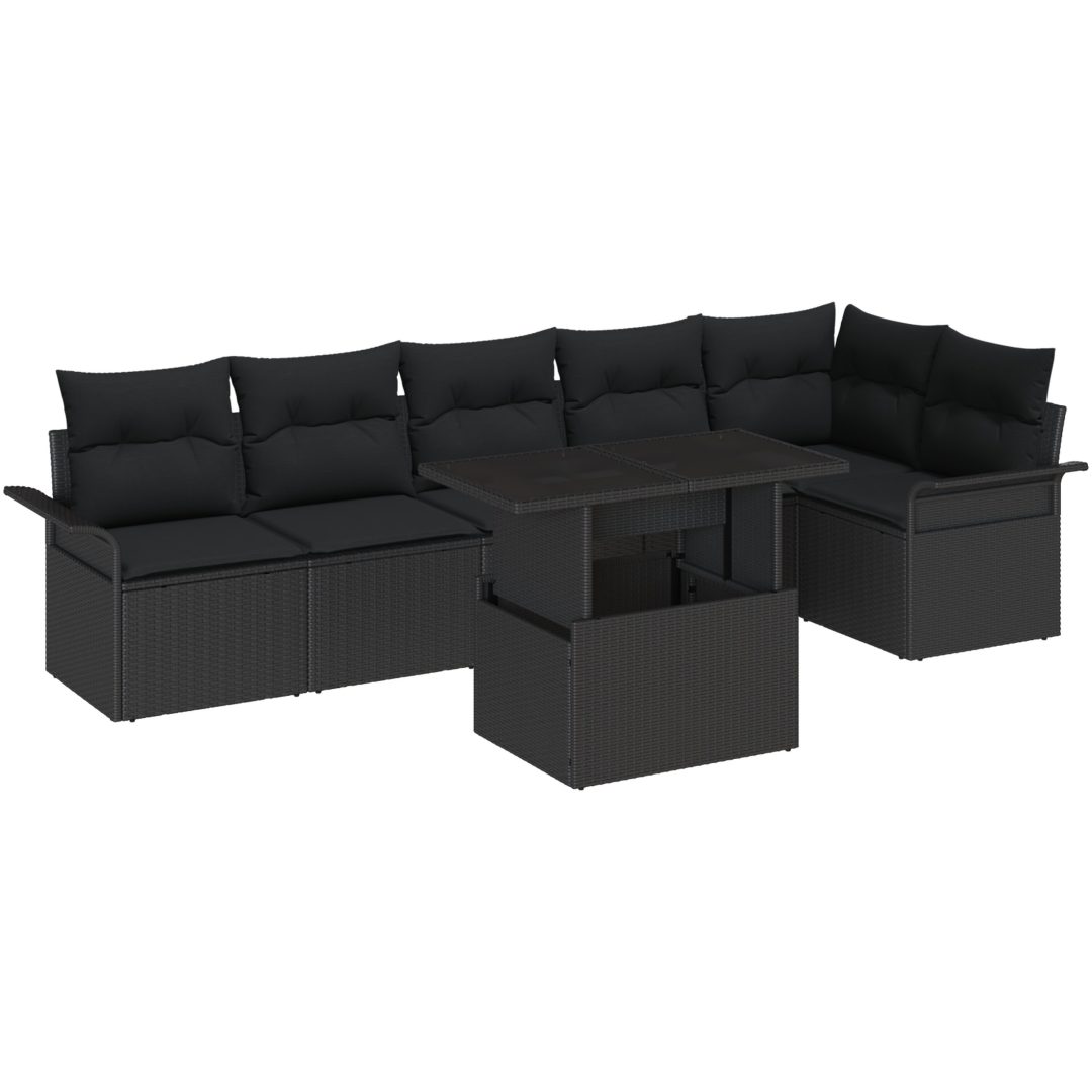 7-delad trädgårdsoffagrupp med kuddar Svart poly konstrotting vidaXL 100 x 55 x 73 cm – bild 2
