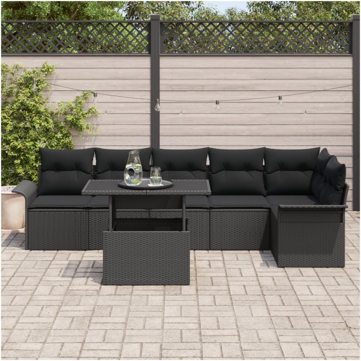 7-delad trädgårdsoffagrupp med kuddar Svart poly konstrotting vidaXL 100 x 55 x 73 cm – bild 3