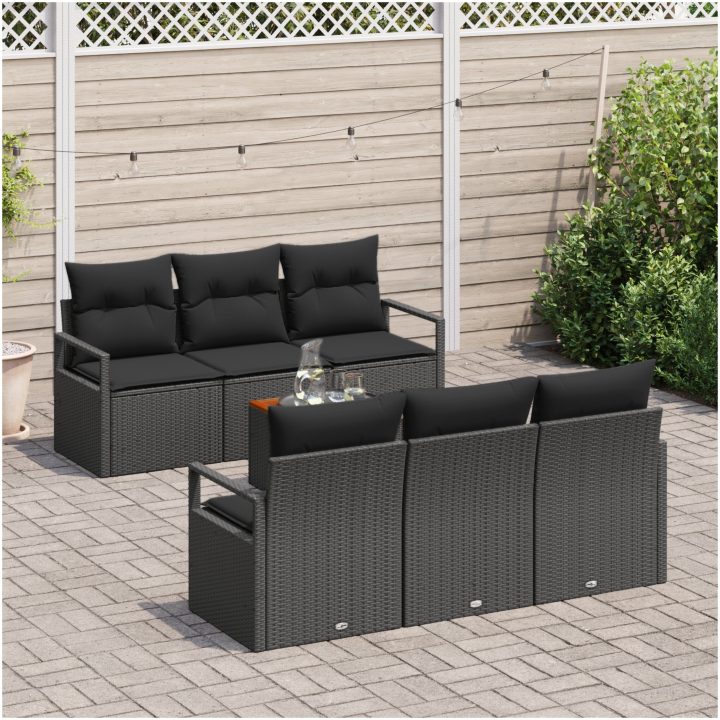 7-delad trädgårdsoffagrupp med kuddar Svart Poly Rattan Acacia vidaXL Stor – bild 3