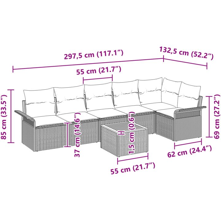7-delad trädgårdsoffagrupp med kuddar svart Poly Rattan Akacia vidaXL 55 x 55 x 37 cm – bild 9