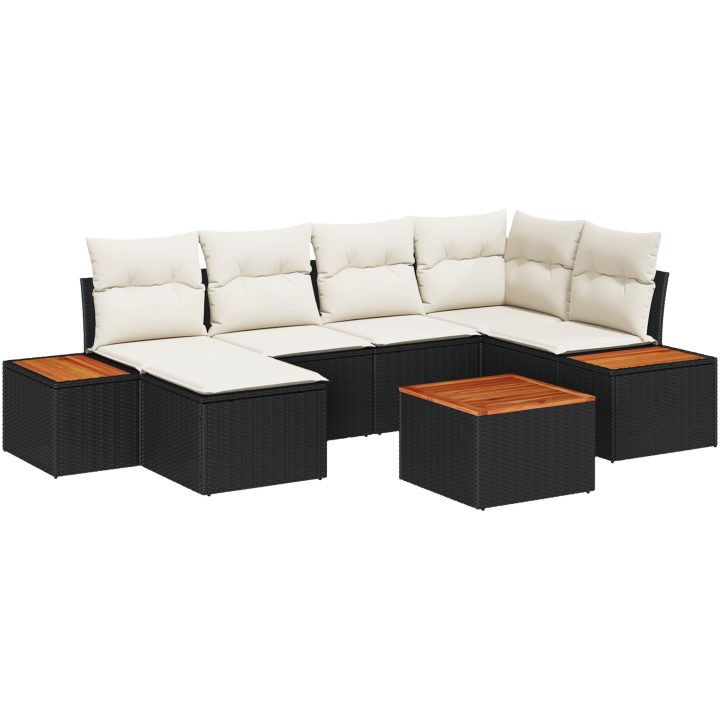 7-delad trädgårdsoffagrupp med kuddar svart poly-rattan akacia vidaXL 55 x 55 x 37 cm – bild 2