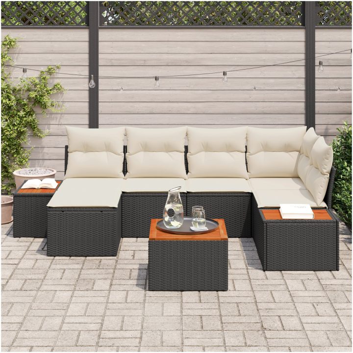 7-delad trädgårdsoffagrupp med kuddar svart poly-rattan akacia vidaXL 55 x 55 x 37 cm – bild 3