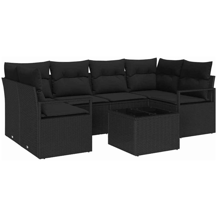 7 Delad Trädgårdsoffagrupp med Kuddar Svart Poly Rattan vidaXL Stor – bild 2