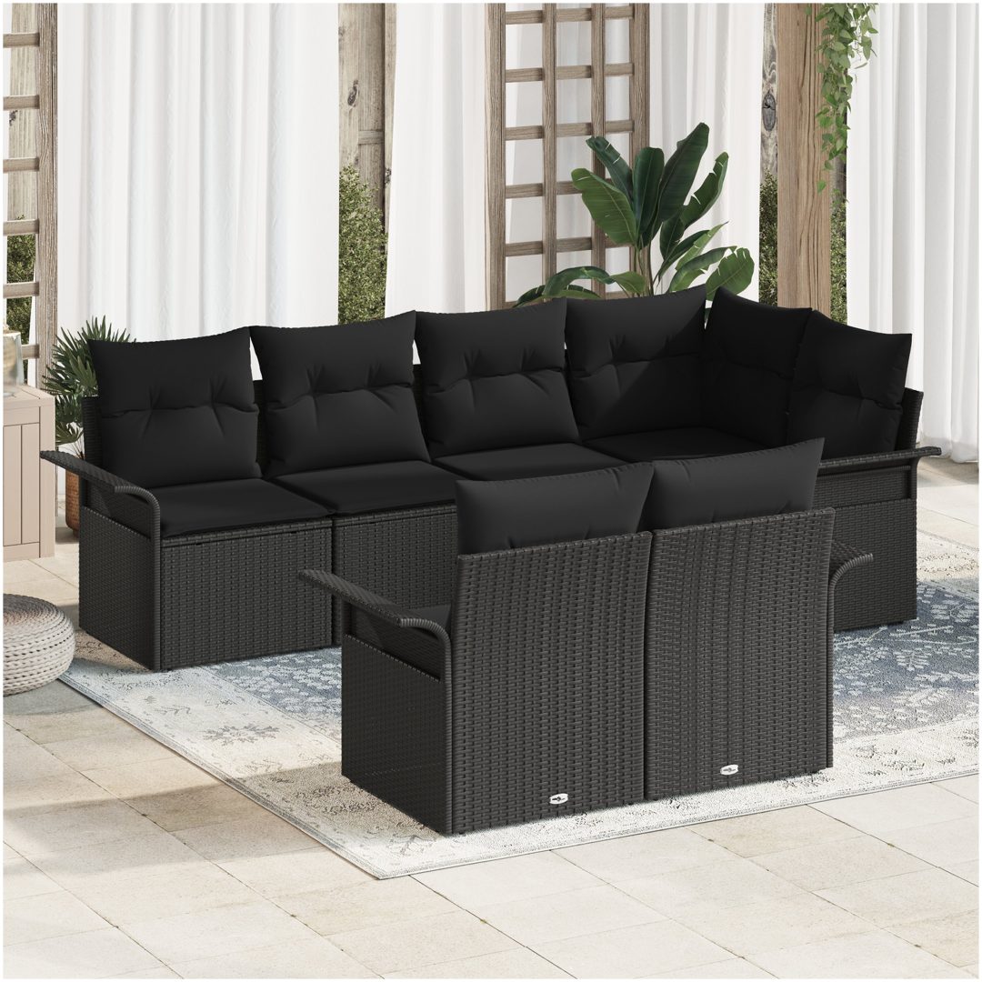 7-delad trädgårdsoffagrupp med kuddar - Svart polyrotting vidaXL 242.5 x 132.5 x 85 cm