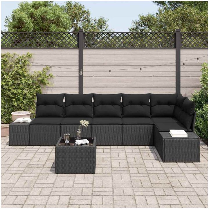 7-delad trädgårdsoffasats med kuddar i beige poly rattan vidaXL 55 x 55 x 37 cm – bild 3