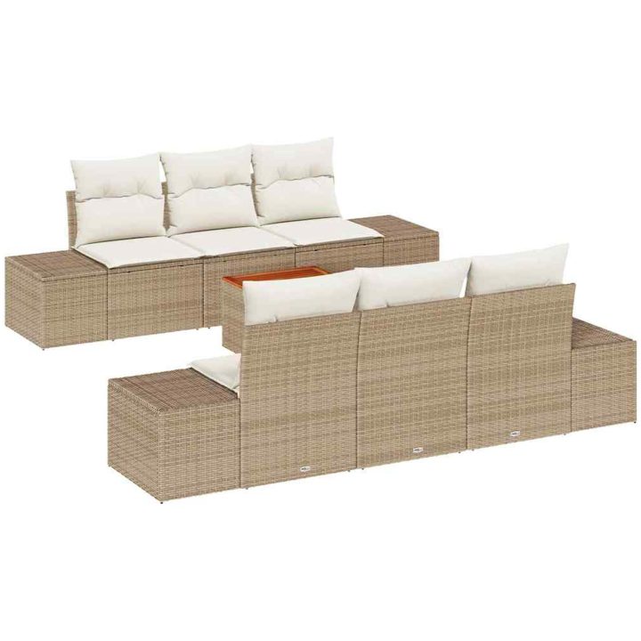7-delad trädgårdsoffaset med beige kuddar i poly rattan och akacia vidaXL 55 x 55 x 37 cm – bild 2
