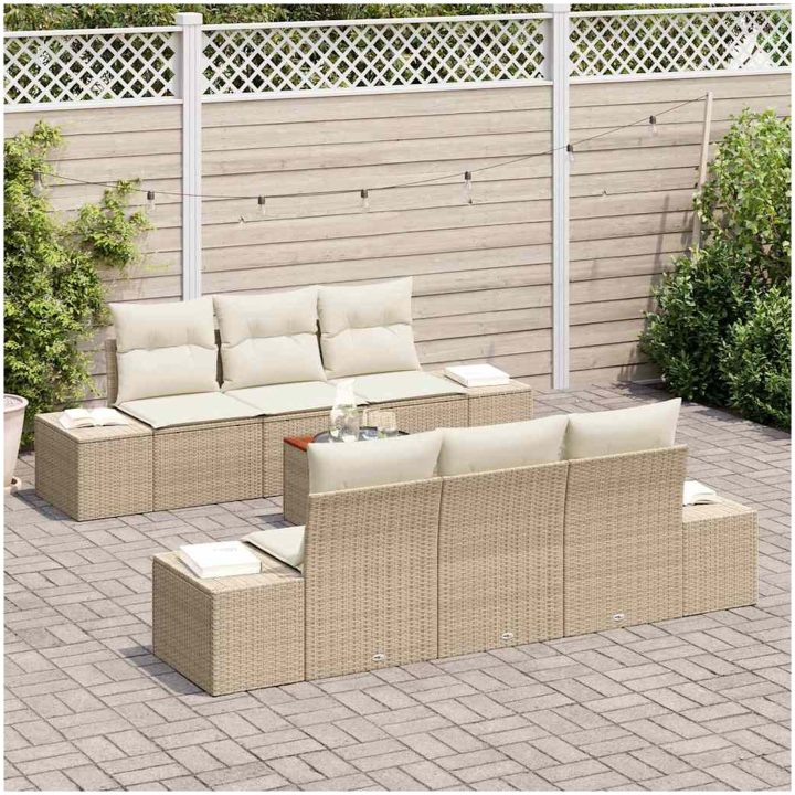 7-delad trädgårdsoffaset med beige kuddar i poly rattan och akacia vidaXL 55 x 55 x 37 cm – bild 3