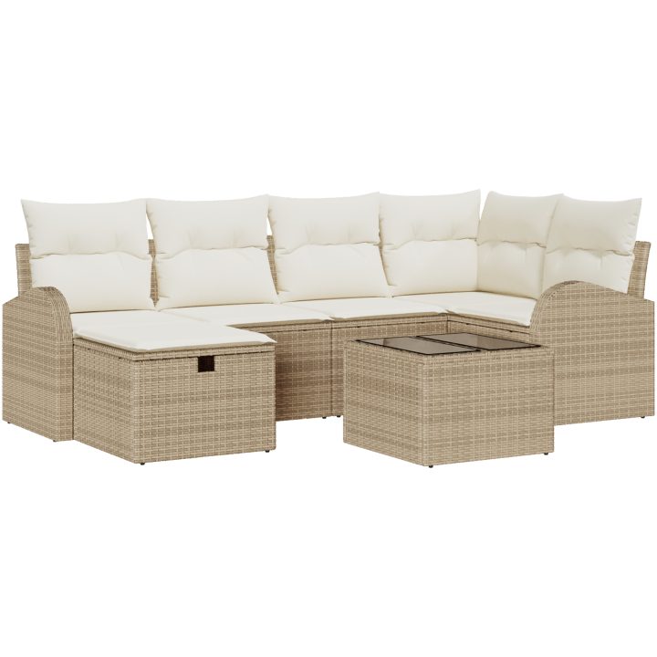 7-delad trädgårdsoffaset med kuddar Beige Poly Rattan vidaXL 234 x 124 x 85 cm – bild 2