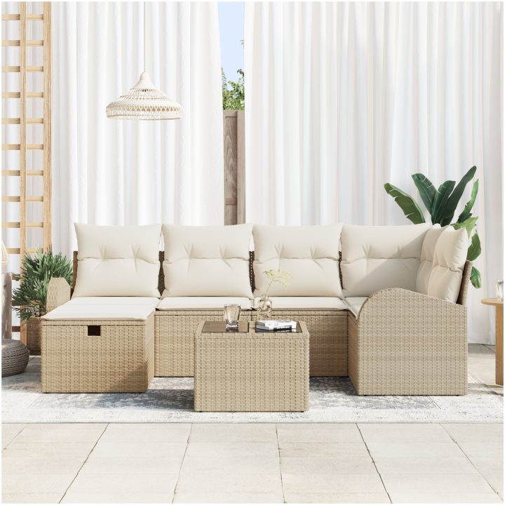 7-delad trädgårdsoffaset med kuddar Beige Poly Rattan vidaXL 234 x 124 x 85 cm – bild 3