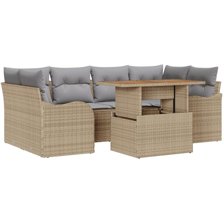 7-delad trädgårdsoffaset med kuddar beige poly rotting vidaXL Stor – bild 2