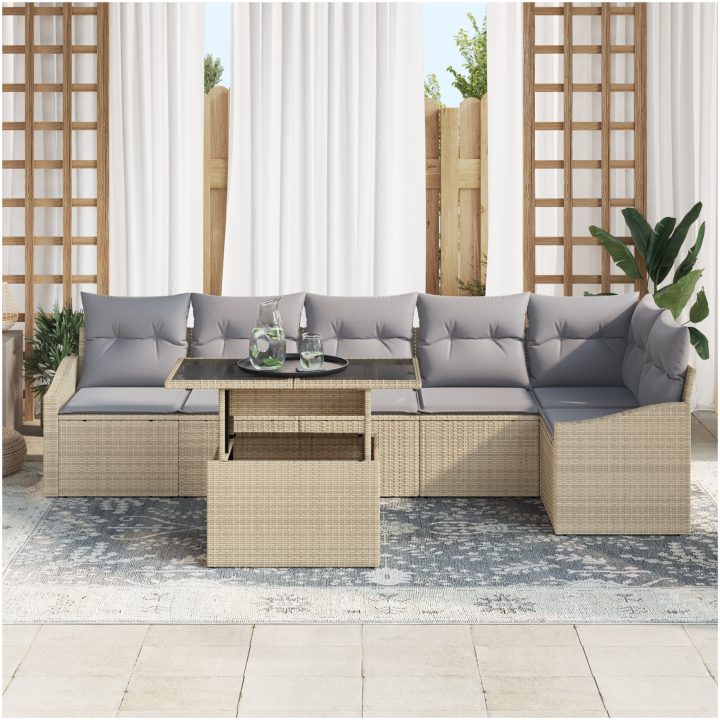 7-delad trädgårdsoffaset med kuddar beige polyrotting vidaXL 100 x 55 x 73 cm – bild 3