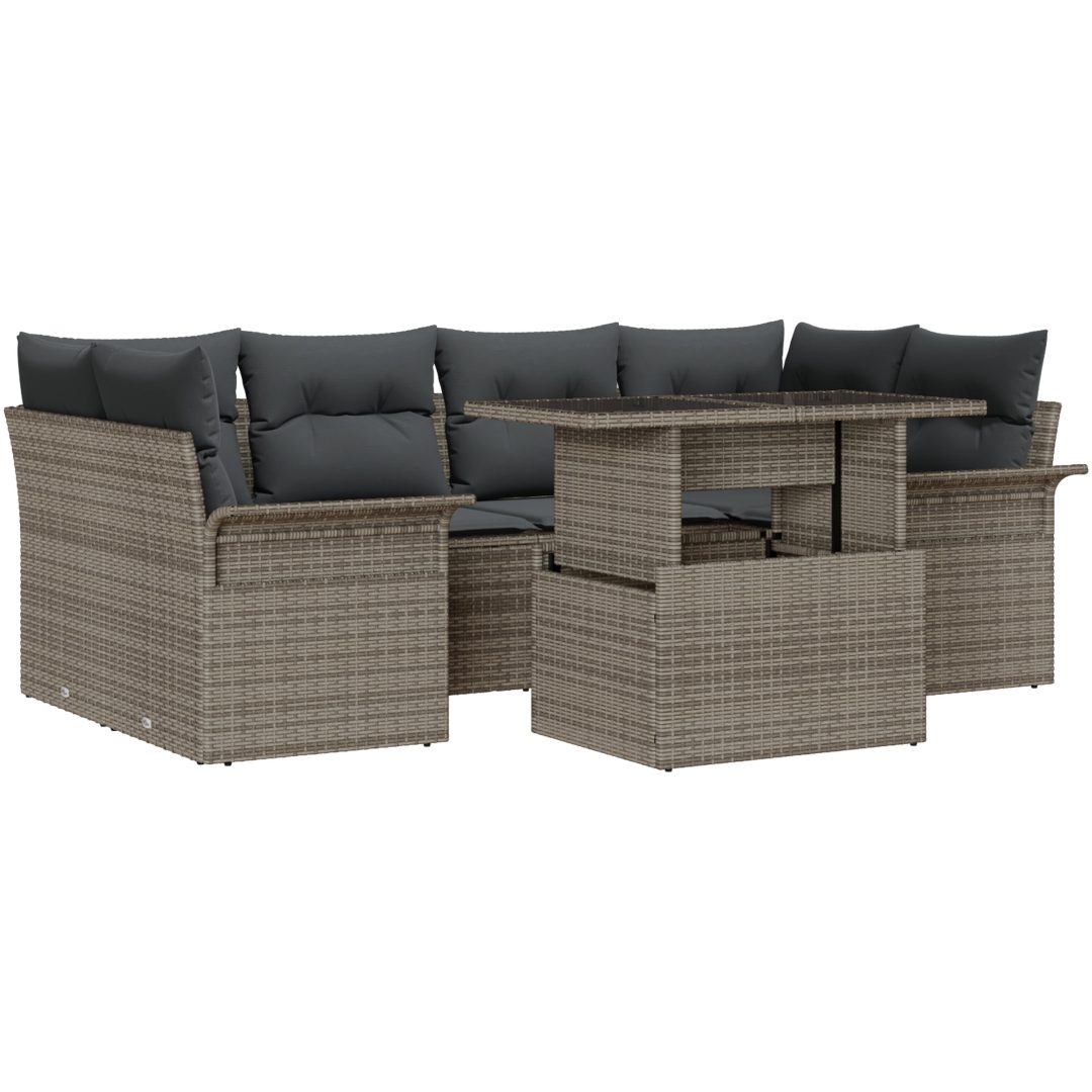 7-delad trädgårdsoffaset med kuddar Grå Poly Rattan vidaXL Medium – bild 2