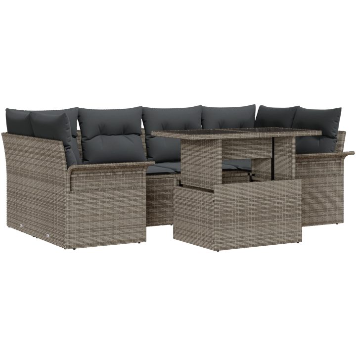 7-delad trädgårdsoffaset med kuddar Grå Poly Rattan vidaXL Medium – bild 2