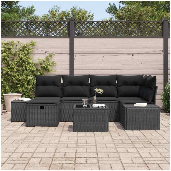7-delad trädgårdsoffaset med kuddar svart konstrotting vidaXL 55 x 62 x 69 cm – bild 3