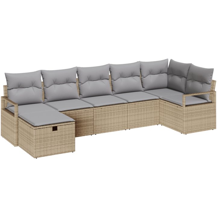 7-delad trädgårdsoffasett med kuddar beige poly rotting vidaXL Stor – bild 2