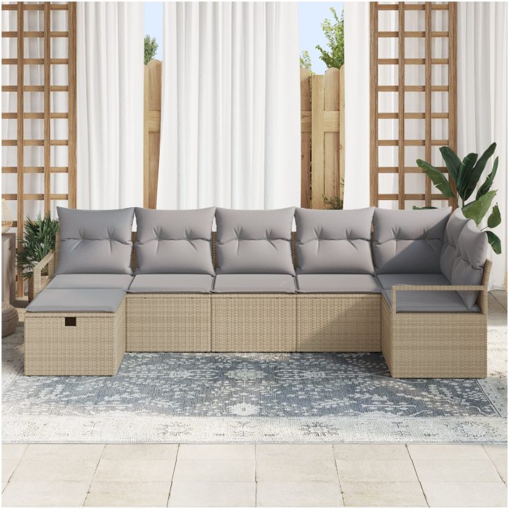 7-delad trädgårdsoffasett med kuddar beige poly rotting vidaXL Stor – bild 3