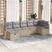 7-delad trädgårdsoffasett med kuddar beige poly rotting vidaXL