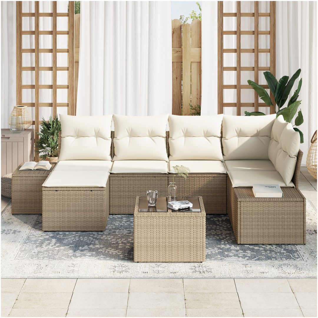 7-delad Trädgårdsoffasett med kuddar Brun Poly Rattan vidaXL 264 x 154 x 85 cm – bild 3