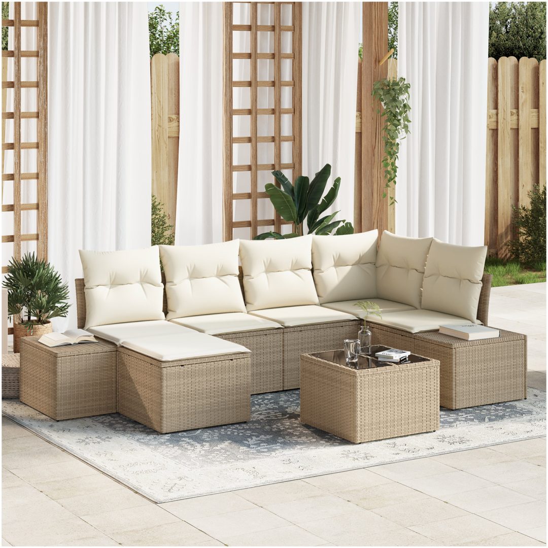 7-delad Trädgårdsoffasett med kuddar Brun Poly Rattan vidaXL 264 x 154 x 85 cm