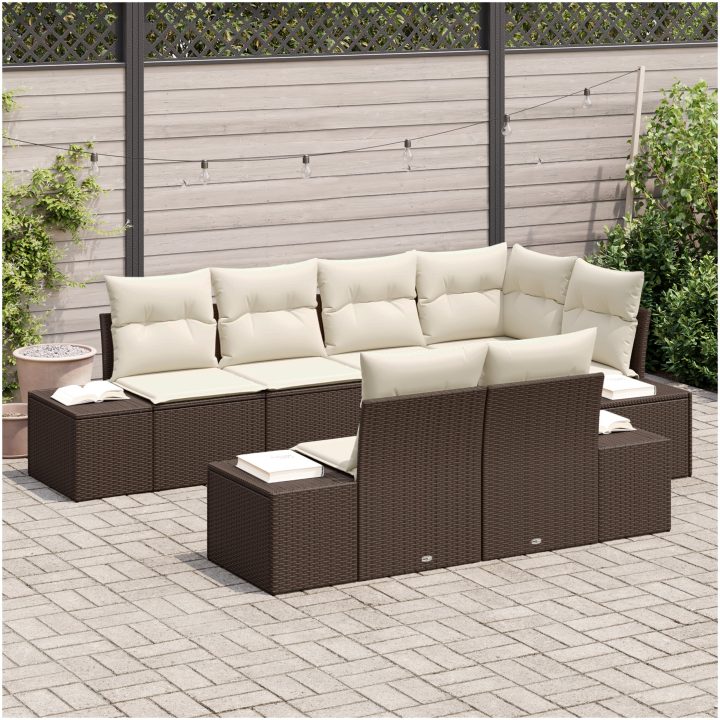 7-delad trädgårdsoffasett med kuddar i brun poly rattan vidaXL 264 x 154 x 85 cm – bild 3