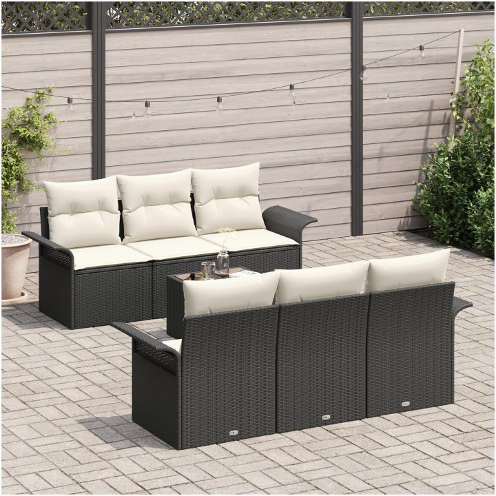 7-delad trädgårdsoffasett med kuddar svart poly rattan vidaXL Stor – bild 3