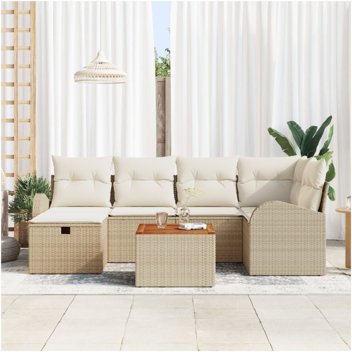 7-delad Trädgårdsoffgrupp med Kuddar Beige Poly Rattan vidaXL 55 x 55 x 37 cm – bild 3