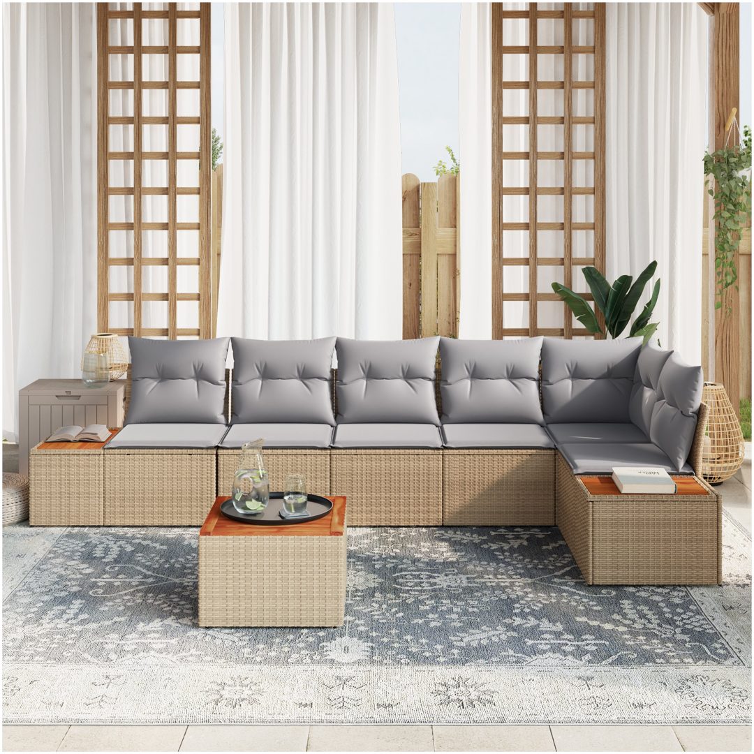 7-delad trädgårdsoffgrupp med kuddar Beige vidaXL 55 x 55 x 37 cm – bild 3