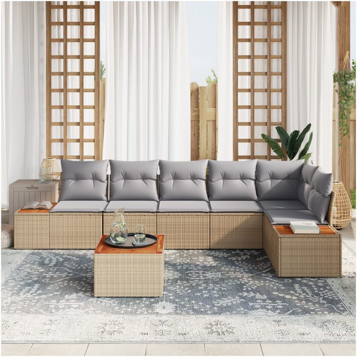 7-delad trädgårdsoffgrupp med kuddar Beige vidaXL 55 x 55 x 37 cm – bild 3