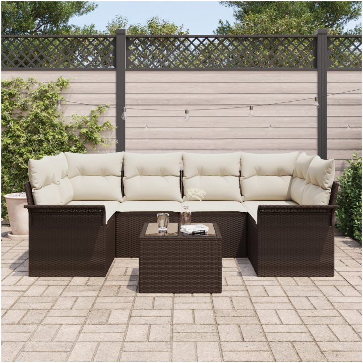 7-delad Trädgårdsoffgrupp med Kuddar Brun Poly-konstrotting vidaXL 55 x 55 x 37 cm – bild 3