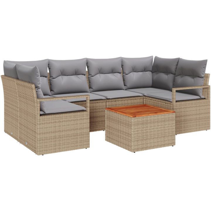 7-delad trädgårdsoffset med kuddar Beige Poly Rattan Akacia vidaXL Stor – bild 2