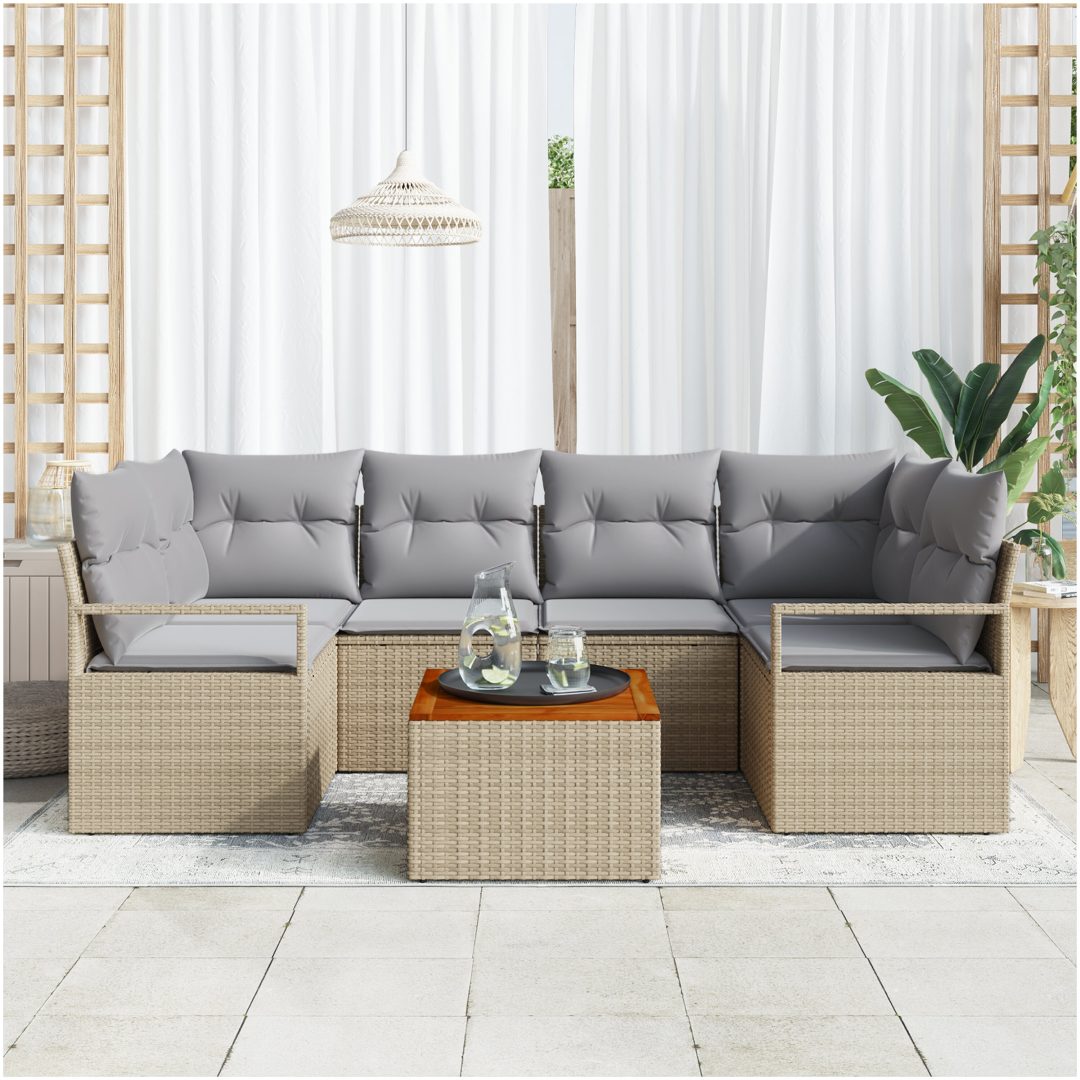 7-delad trädgårdsoffset med kuddar Beige Poly Rattan Akacia vidaXL Stor – bild 3