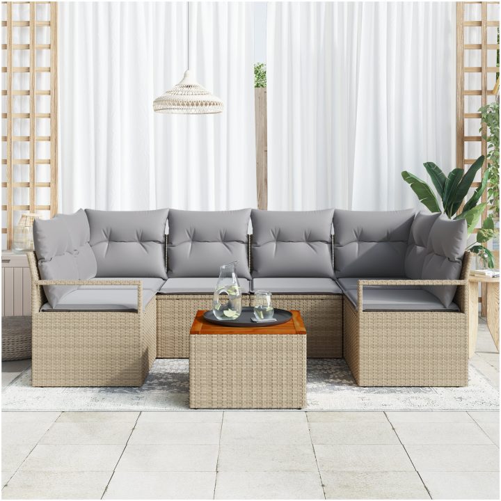 7-delad trädgårdsoffset med kuddar Beige Poly Rattan Akacia vidaXL Stor – bild 3
