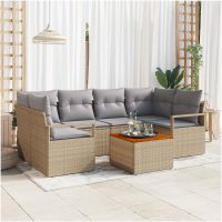7-delad trädgårdsoffset med kuddar Beige Poly Rattan Akacia vidaXL