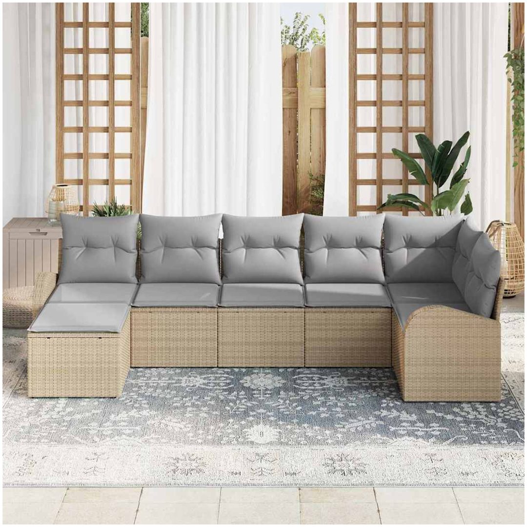 7-delad Trädgårdsoffset med Kuddar Beige Poly Rattan vidaXL 289 x 124 x 85 cm – bild 3