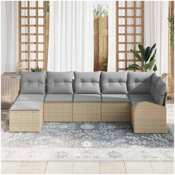 7-delad Trädgårdsoffset med Kuddar Beige Poly Rattan vidaXL 289 x 124 x 85 cm – bild 3