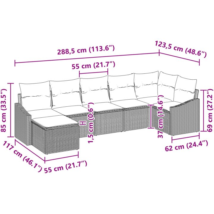 7-delad Trädgårdsoffset med Kuddar Brun Poly Rattan vidaXL 288.5 x 123.5 x 85 cm – bild 9