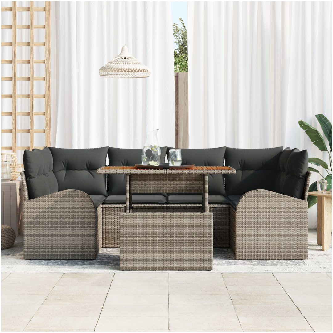 7-delad trädgårdsoffset med kuddar Grå Poly Rattan vidaXL Stor – bild 3