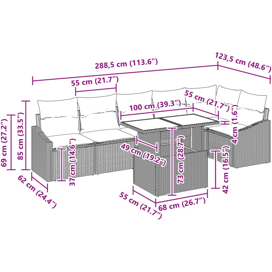 7-delad trädgårdsoffset med kuddar i svart polyrotting vidaXL 100 x 55 x 73 cm – bild 11